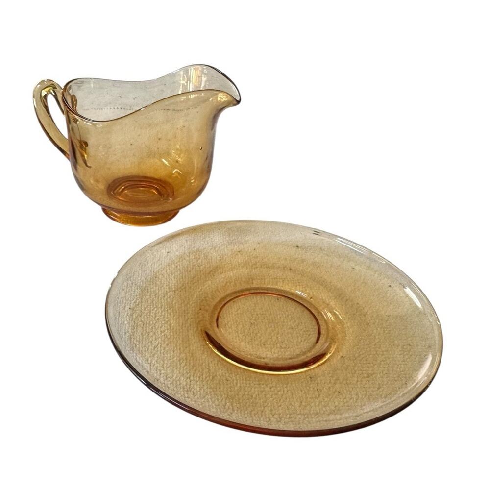 Vintage Cambridge Amber Glass Creamer & Saucer Set Elegant Triangle C Mark